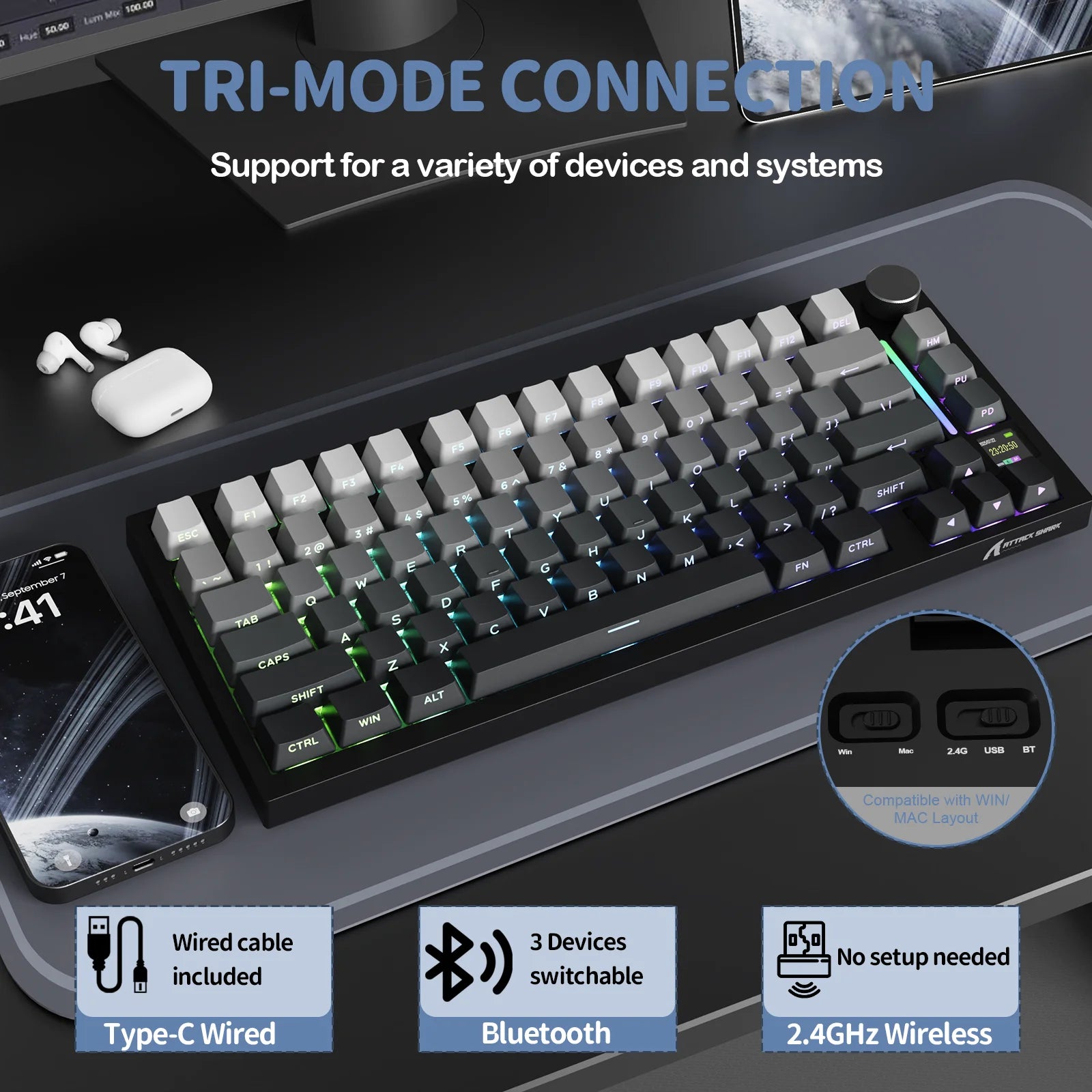 Attack Shark X820Ultra Wireless 75% Mechanical Gaming Keyboard with Screen & Knob Hot Swappable 2.4GHzBTWired RGB